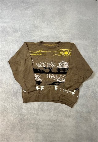 Vintage Abstract Knitted Jumper Tree House Patterned Sweater