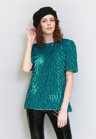 VINTAGE 1980'S SHEER GREEN CHIFFON SEQUIN FESTIVAL TOP