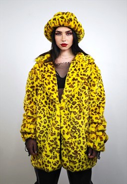 Yellow leopard coat faux fur trench oversize animal bomber