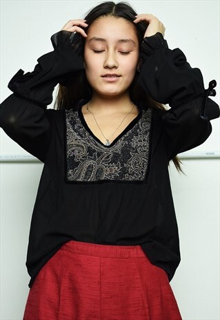 VINTAGE 90S BOHO BOHEMIAN GLITTER SHEER TOP BLACK