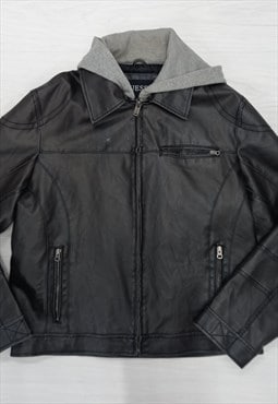Faux Leather Biker Jacket Black Jersey Hood Zip