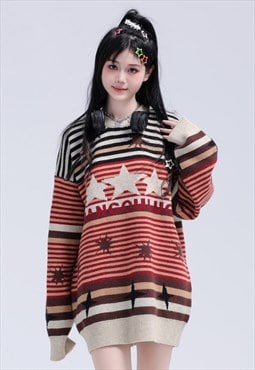 Stripe sweater knitted retro jumper star print top in red