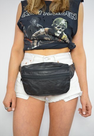 VINTAGE 90S BLACK LEATHER BUMBAG FANNY PACK GRUNGE RETRO