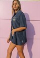 NAVY BLUE OVERSIZED FIT SHORT SLEEVE SHIRT WITH GOLD BUTTONS