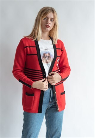 VINTAGE 80S V-NECK CARDIGAN WITH STRIPE DETAIL
