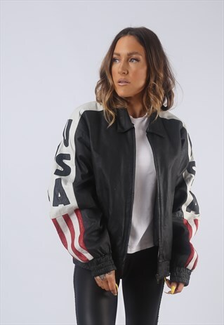 VINTAGE LEATHER BOMBER JACKET USA OVERSIZED UK 14 LARGE GBCU