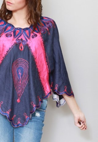 VINTAGE 1970'S NAVY & PINK EMBROIDERED HIPPY BOHO TOP