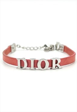 Christian Dior Bracelet Pink Leather Cuff Silver Logo Y2K