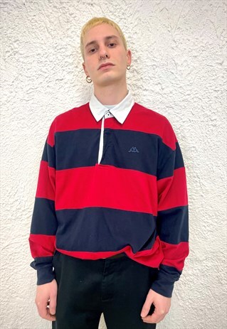 VINTAGE KAPPA STRIPED RED AND NAVY LONG SLEEVE POLO
