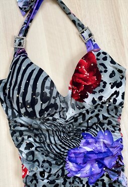 Y2K Sequin Print Halter Mini Dress