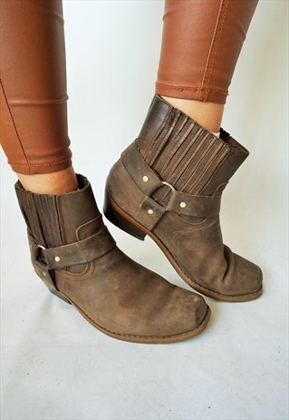VINTAGE BROWN GENUINE LEATHER COWBOY WESTERN BOOTS SHOES