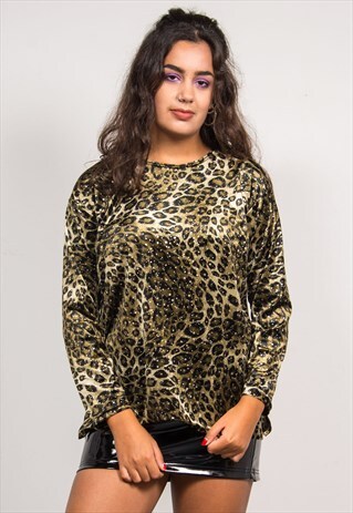 VINTAGE 90'S LEOPARD PRINT VELVET LONG SLEEVE TOP