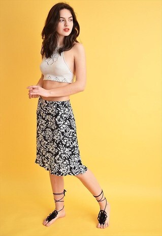 90'S RETRO BOHO FLORAL PATTERN MONOCHROME MIDI SKIRT