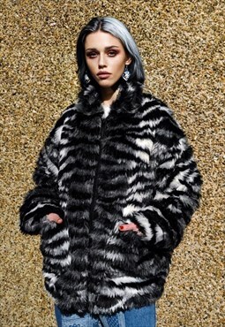 Faux fur zebra coat tie-dye stripe fleece bomber jacket grey