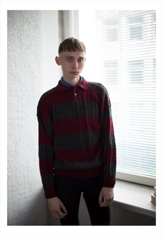 VINTAGE 80'S GREY/MAROON STRIPED JUMPER