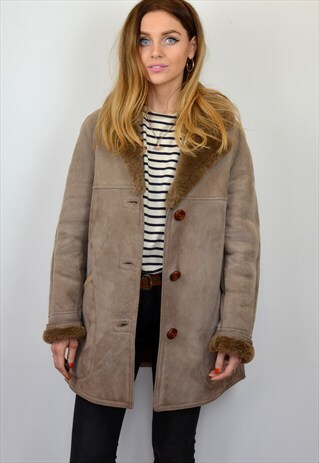 VINTAGE 70S LIGHT BROWN GREY SHEEPSKIN SHEARLING COAT