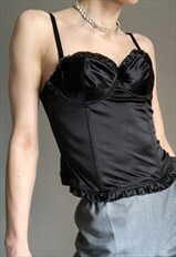Vintage black silky corset top with flounce trim