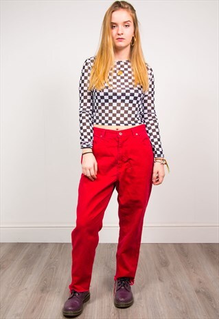 VINTAGE 90'S RED HIGH WAIST FRAYED HEM MOM JEANS