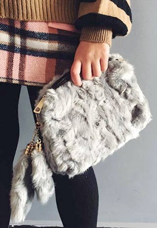 GREY FAUX FUR CLUTCH