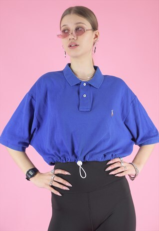 VINTAGE REWORKED RALPH LAUREN CROP TOP POLO SHIRT IN BLUE