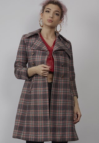 VINTAGE 60'S RED/ GREY TARTAN COAT