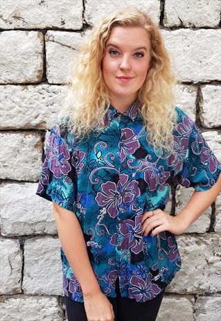 VINTAGE PATTERNED SHORT SLEEVED FESTIVAL SHIRT PURPLE BLUE