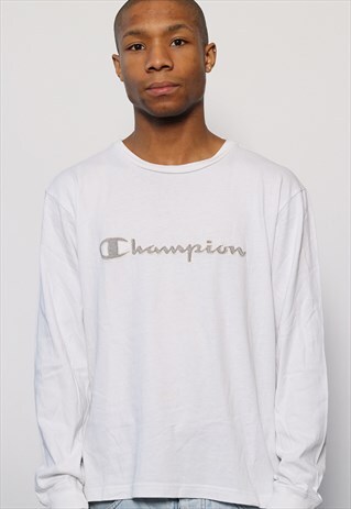 VINTAGE CHAMPION LONG SLEEVE T-SHIRT TOP LOGO WHITE