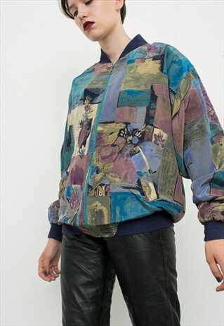 VINTAGE JACKET PASTEL BLUE SILKY ABSTRACT PATTERN 90S BOMBER