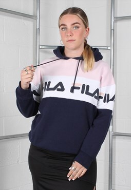 Vintage Fila Hoodie in Navy with Spell Out Logo Medium