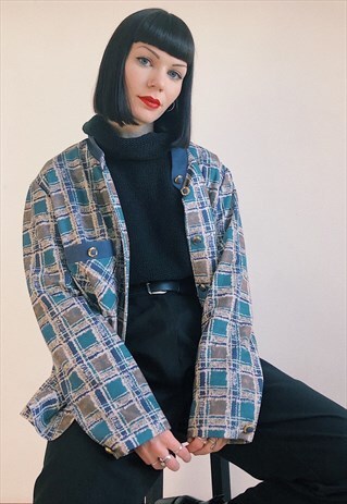 80S VINTAGE TARTAN CHECKED BLUE GREEN SMART BLAZER JACKET
