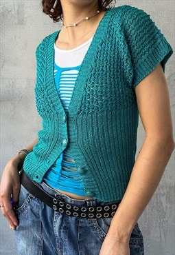 Vintage Y2K 00's Turquoise Knit Short Sleeve Cardigan