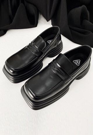 SQUARE TOE LOAFERS FAUX LEATHER PLATFORM BOOTS IN BLACK