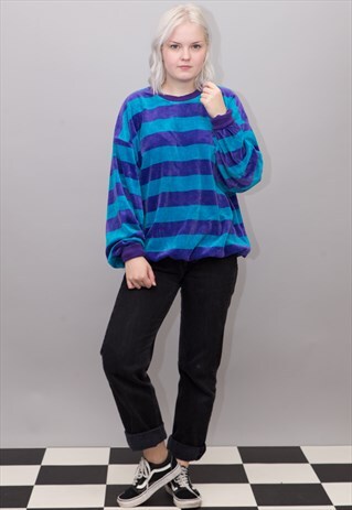 VINTAGE BLUE STRIPED VELOURS VELVET SWEATSHIRT JUMPER