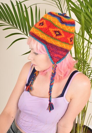 Y2K KNITTED HIPPY BOHO TRAPPER HAT RAINBOW