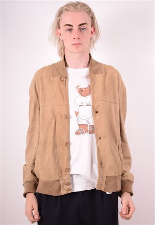 MENS VINTAGE SUEDE BOMBER JACKET LARGE BEIGE 90S