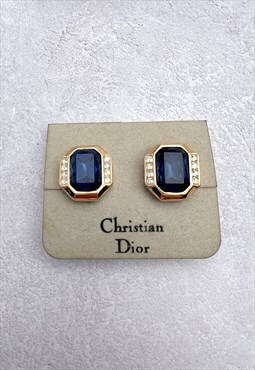Christian Dior Earrings Gold Crystal Sapphire Blue Gemstone 