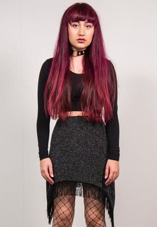 VINTAGE 90'S SILVER SPARKLY HIGH WAIST TASSEL HEM SKIRT