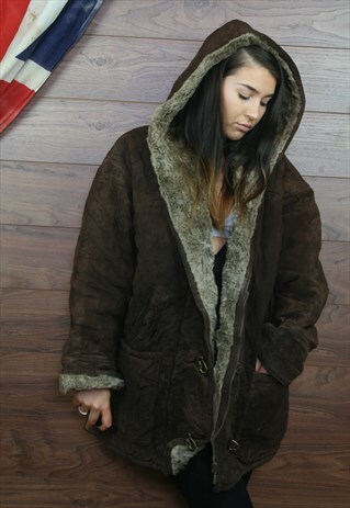 VINTAGE SUEDE,SHEEPSKIN SHERLING LINED COAT ,BROWN,LARGE,16