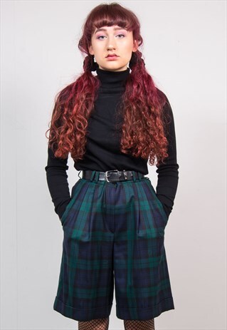 VINTAGE 90'S GREEN CHECKED TARTAN HIGH WAIST SHORTS