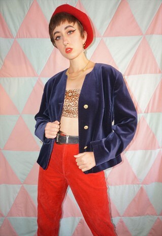 VINTAGE 90S NAVY BLUE VELVET COLLARLESS JACKET