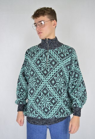 VINTAGE 80'S GREEN CHECKERED RETRO 1/4 ZIP SWEATSHIRT