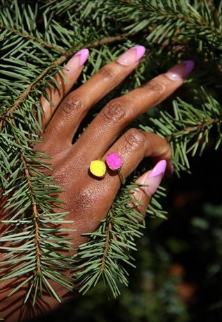 YELLOW PINK AGATE DRUZY ADJUSTABLE GOLD RING