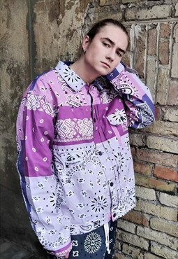 Paisley denim jacket Bandana graffiti print jean coat purple