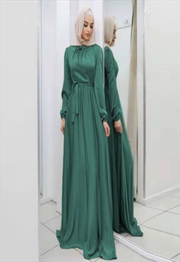 Green Satin Belted Long Sleeve Modest Abaya Maxi Dress