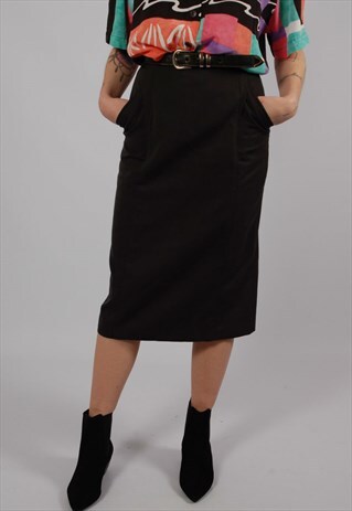VINTAGE 80S DARK GREY HIGH WAISTED PENCIL SKIRT