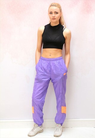 1980S VINTAGE GREEN AND PURPLE SHELL TRACK JOGGER BOTTOMS