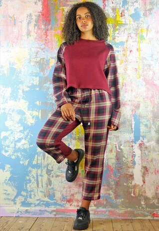 DRAWSTRING TROUSERS & TOP CO-ORDINATES MAROON CHECK TARTAN