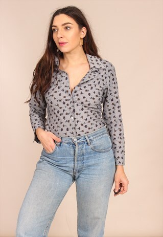 VINTAGE 70S BLOUSE IN GREY FLORAL PRINT