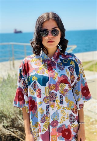 VINTAGE 80'S MULTICOLOR FLORAL PRINTED SHORT SLEEVE SHIRT