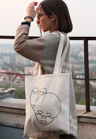 HAND PAINTED LINE DRAWING ABSTRACT FACE TOTE BAG